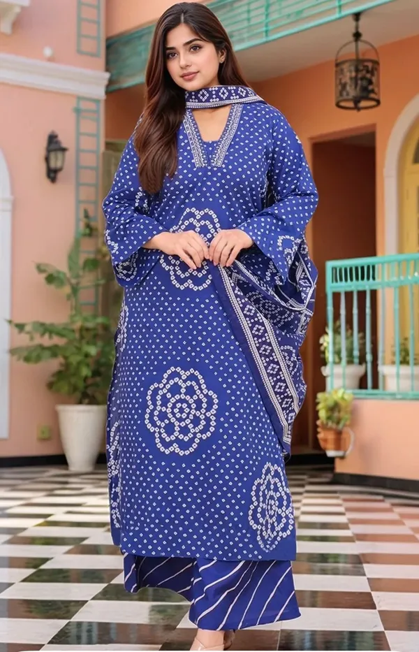 Blue_Cotton_Rayon_Bandhani_Print_Kurta_Palazzo_Set_With_Dupatta_For_Women