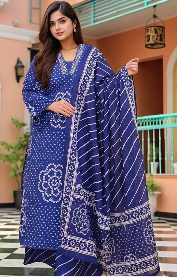 Blue_Cotton_Rayon_Bandhani_Print_Kurta_Palazzo_Set_With_Dupatta_For_Women