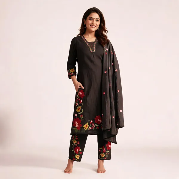 Black_Cotton_Rayon_Floral_Embroidered_Kurta_Palazzo_Set_With_Dupatta_For_Women