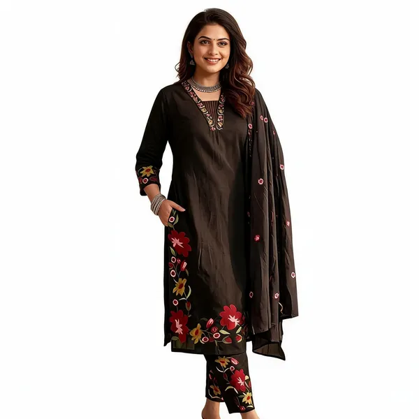 Black_Cotton_Rayon_Floral_Embroidered_Kurta_Palazzo_Set_With_Dupatta_For_Women