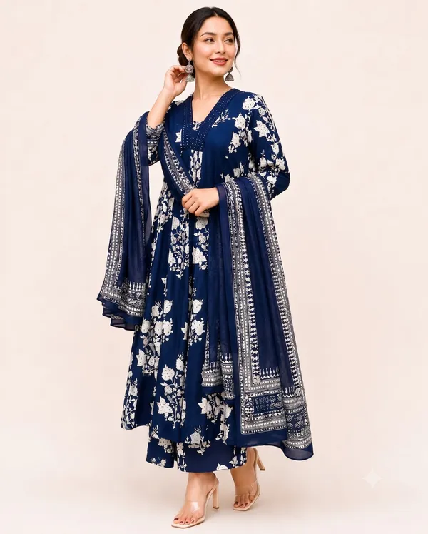 Navy_Blue_Cotton_Rayon_Straight_Fit_Kurta_Set_With_Ajrakh_Print_Dupatta_For_Women
