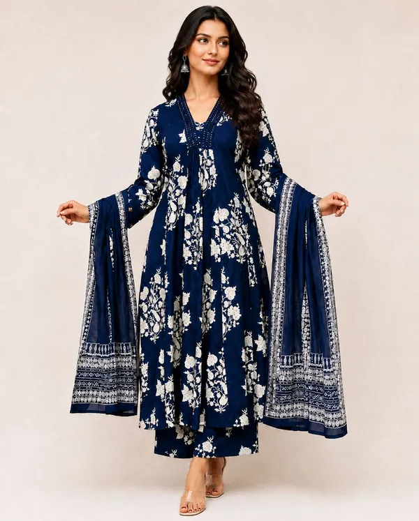 Navy_Blue_Cotton_Rayon_Straight_Fit_Kurta_Set_With_Ajrakh_Print_Dupatta_For_Women