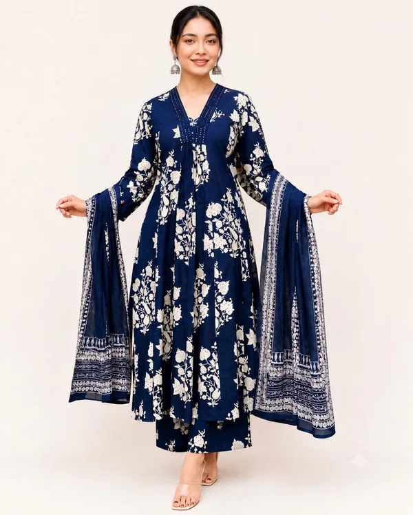 Navy_Blue_Cotton_Rayon_Straight_Fit_Kurta_Set_With_Ajrakh_Print_Dupatta_For_Women