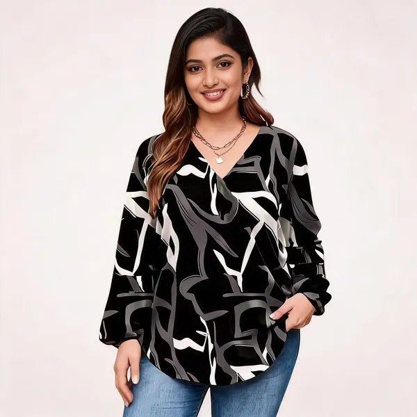 Black_Cotton_Rayon_Abstract_Print_V_Neck_Long_Sleeve_Plus_Size_Top_For_Women