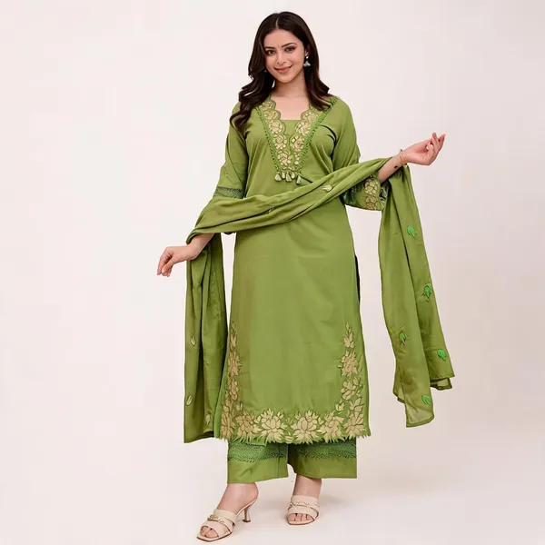 Green_Cotton_Rayon_Embroidered_Straight_Kurta_Set_With_Dupatta_For_Women