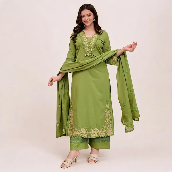 Green_Cotton_Rayon_Embroidered_Straight_Kurta_Set_With_Dupatta_For_Women