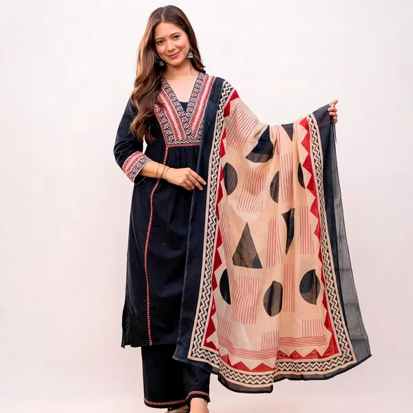 Navy_Blue_Cotton_Rayon_Embroidered_Anarkali_Kurta_Set_For_Women