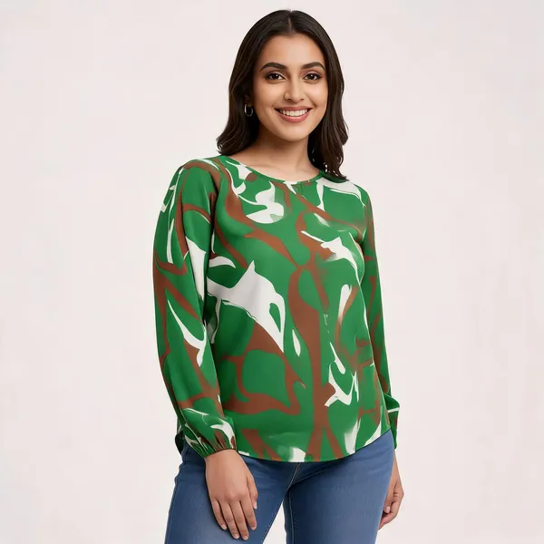 Green_Cotton_Rayon_Relaxed_Blouson_Long_Sleeve_Top_For_Women