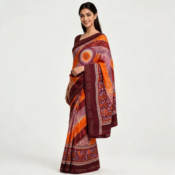 Maroon_Orange_Cotton_Floral_Print_Saree_For_Women