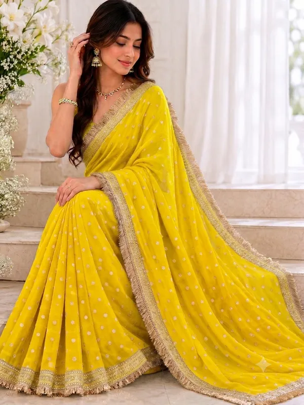 Yellow_Georgette__Zari_Embroidered_Saree_With_Golden_Border