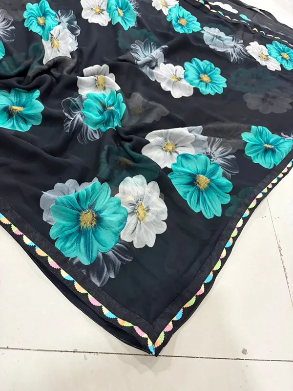 Black_Floral_Print_Saree_With_Turquoise_And_White_Flowers