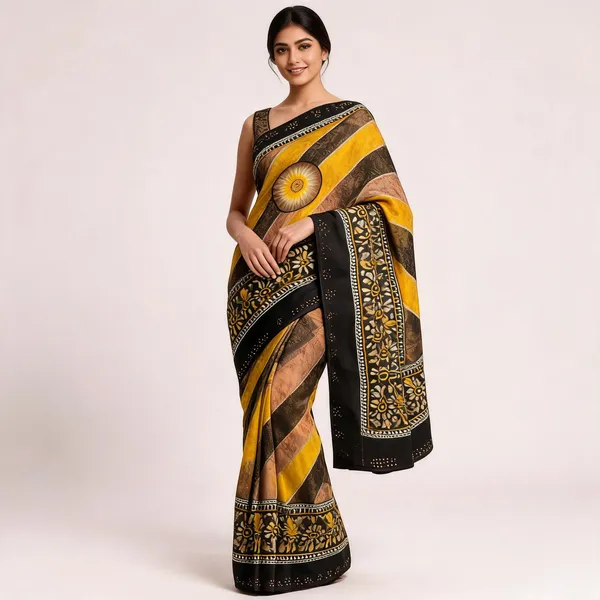 Yellow_Brown_Cotton_Printed_Saree_With_Floral_Border_For_Women