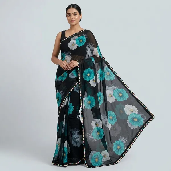 Black_Floral_Print_Saree_With_Turquoise_And_White_Flowers