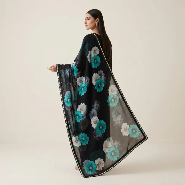 Black_Floral_Print_Saree_With_Turquoise_And_White_Flowers