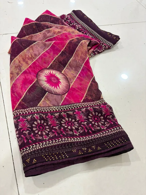 Pink_Brown_Floral_Print_Ethnic_Saree_With_Border_For_Women