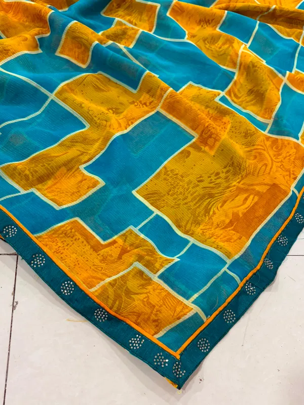 Teal_Yellow_Kota_Cotton_Block_Print_Geometric_Saree_For_Women