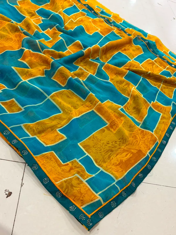 Teal_Yellow_Kota_Cotton_Block_Print_Geometric_Saree_For_Women