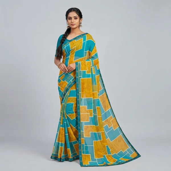 Teal_Yellow_Kota_Cotton_Block_Print_Geometric_Saree_For_Women