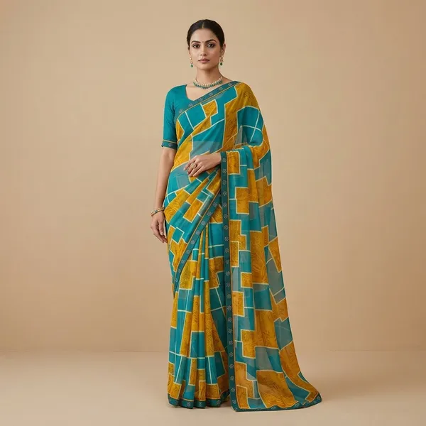 Teal_Yellow_Kota_Cotton_Block_Print_Geometric_Saree_For_Women