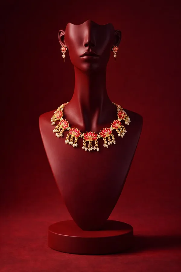 Gold_Red_Enamel_Floral_Necklace_And_Earring_Set_For_Women