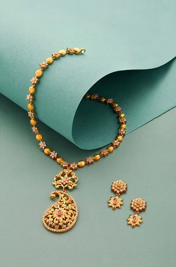 Gold_Stainless_Steel_Peacock_Motif_Pink_Stone_Necklace_Set_With_Earrings_For_Women