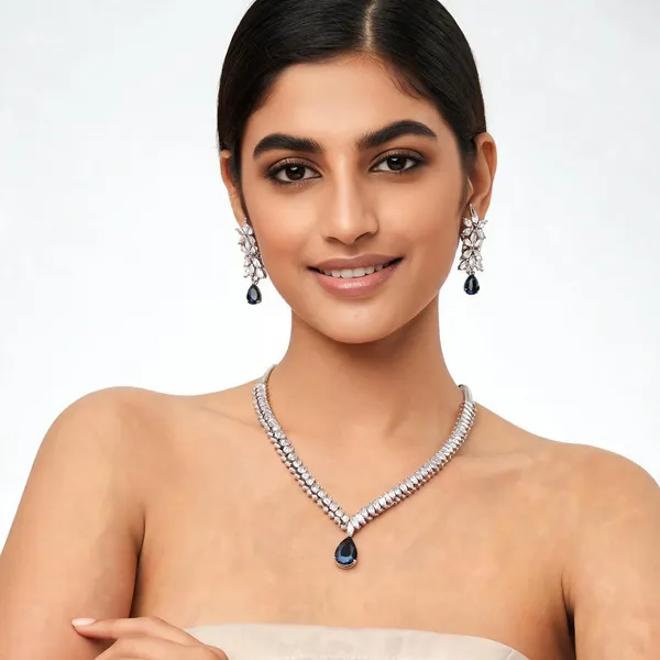 Silver_Stainless_Steel_Crystal_Sapphire_Blue_Teardrop_Necklace_And_Earring_Set_For_Women