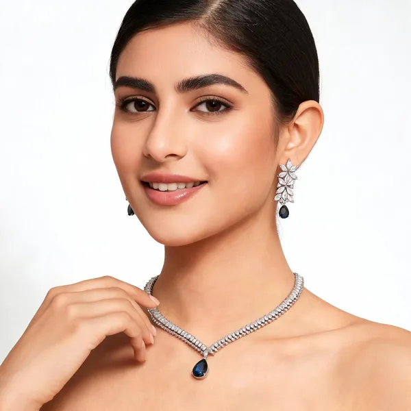 Silver_Stainless_Steel_Crystal_Sapphire_Blue_Teardrop_Necklace_And_Earring_Set_For_Women