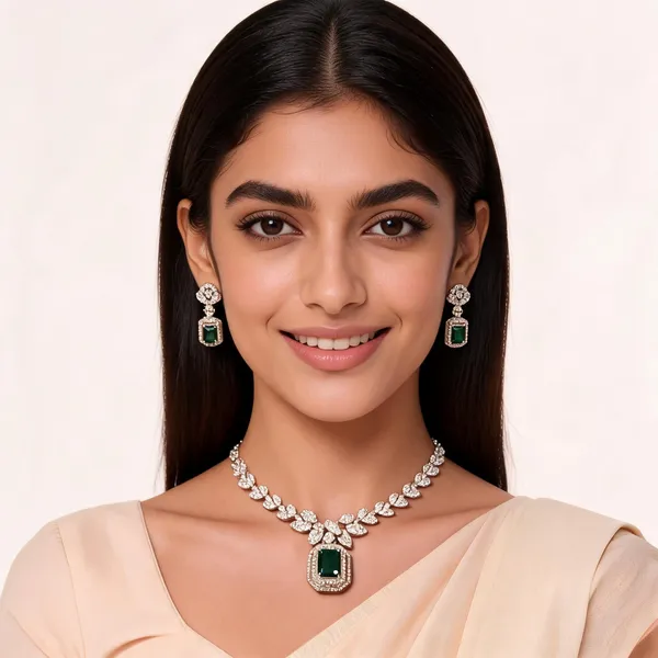 Gold_Stainless_Steel_Emerald_Floral_Diamond_Necklace_Set_For_Women