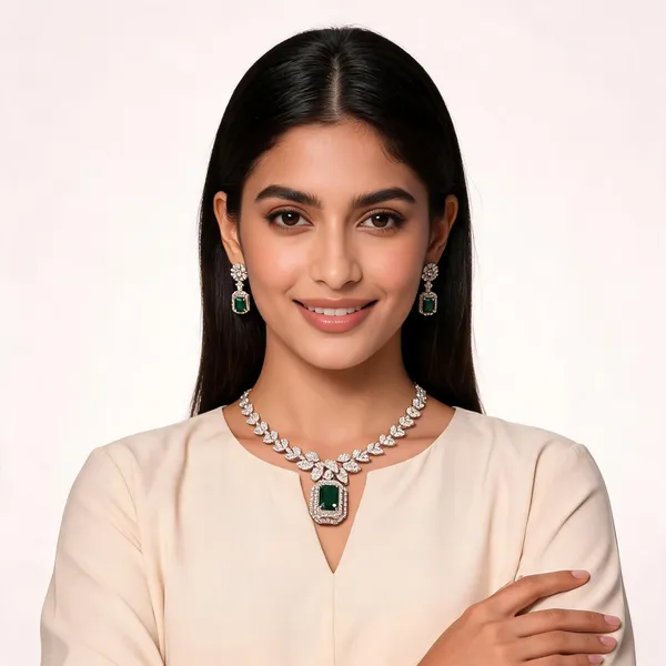 Gold_Stainless_Steel_Emerald_Floral_Diamond_Necklace_Set_For_Women