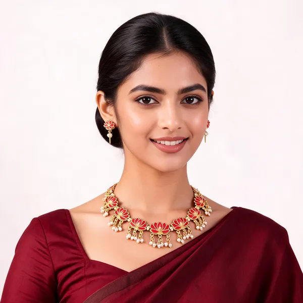 Gold_Red_Enamel_Floral_Necklace_And_Earring_Set_For_Women