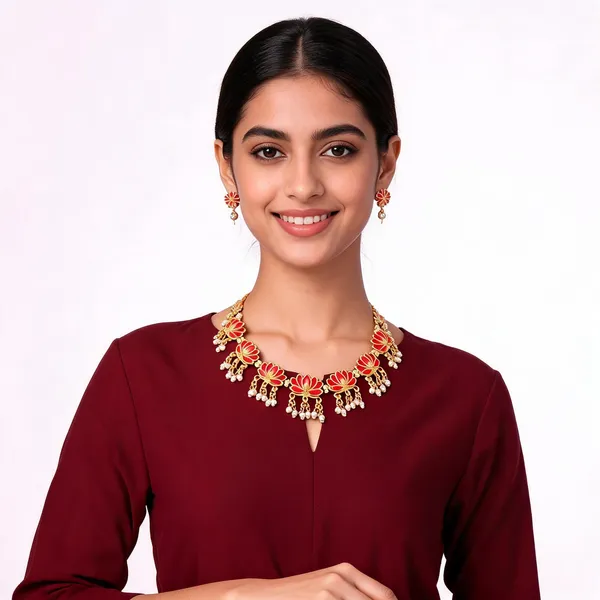 Gold_Red_Enamel_Floral_Necklace_And_Earring_Set_For_Women