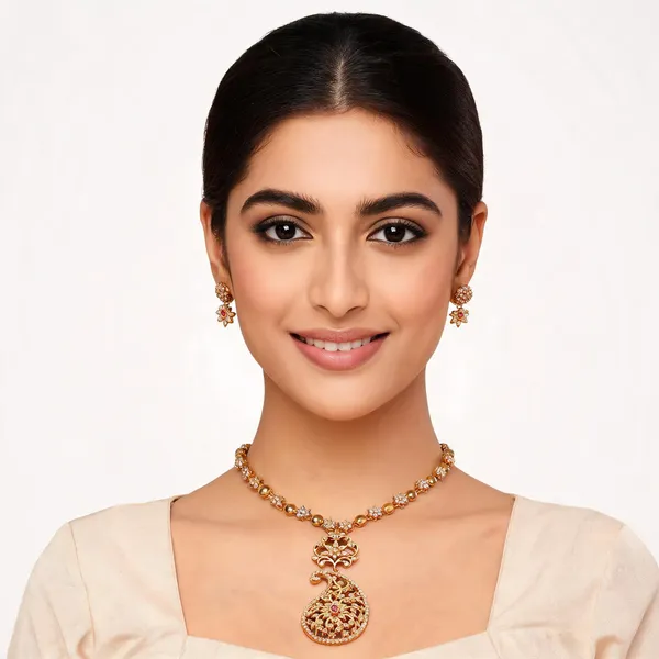 Gold_Stainless_Steel_Peacock_Motif_Pink_Stone_Necklace_Set_With_Earrings_For_Women