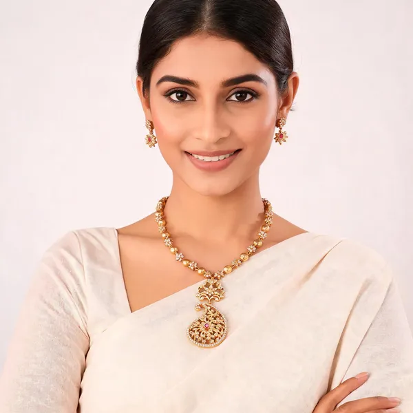 Gold_Stainless_Steel_Peacock_Motif_Pink_Stone_Necklace_Set_With_Earrings_For_Women