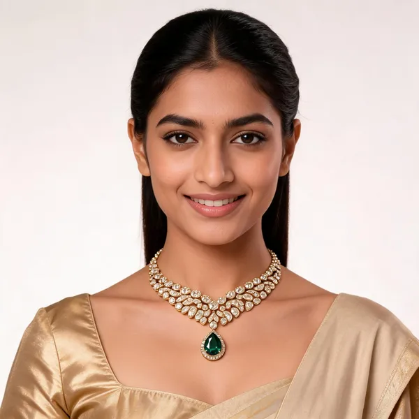 Gold_Green_Stone_Diamond_Studded_Floral_Necklace_For_Women