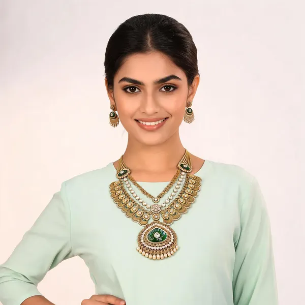 Gold_Green_Stone_Layered_Floral_Necklace_Set_With_Earrings_For_Women