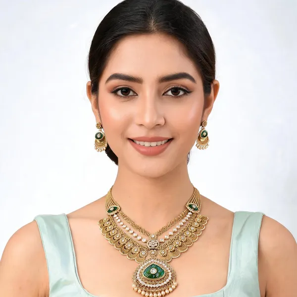 Gold_Green_Stone_Layered_Floral_Necklace_Set_With_Earrings_For_Women