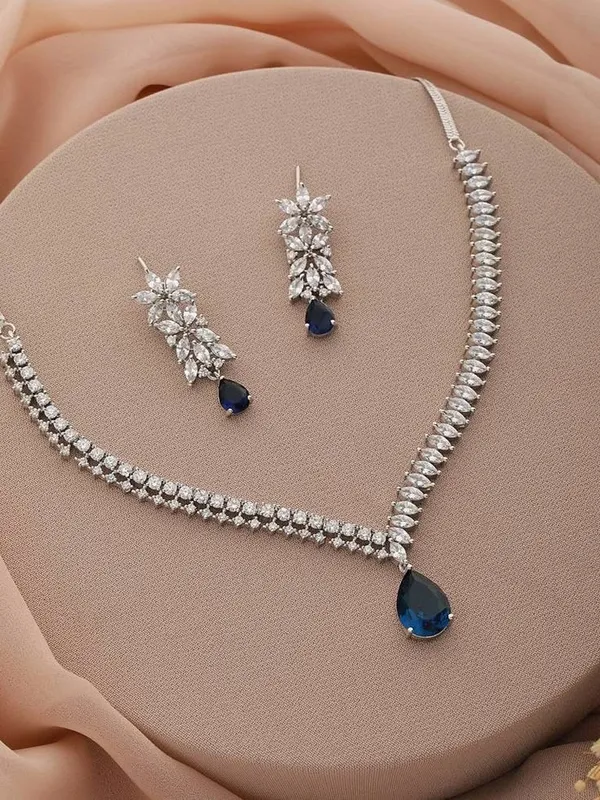 Silver_Stainless_Steel_Crystal_Sapphire_Blue_Teardrop_Necklace_And_Earring_Set_For_Women