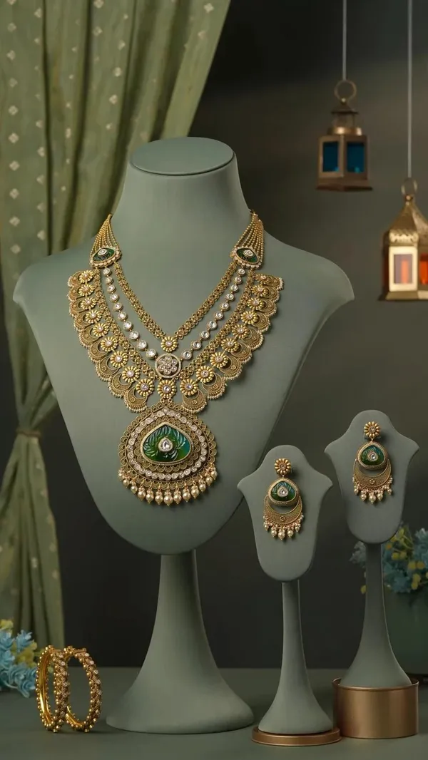 Gold_Green_Stone_Layered_Floral_Necklace_Set_With_Earrings_For_Women