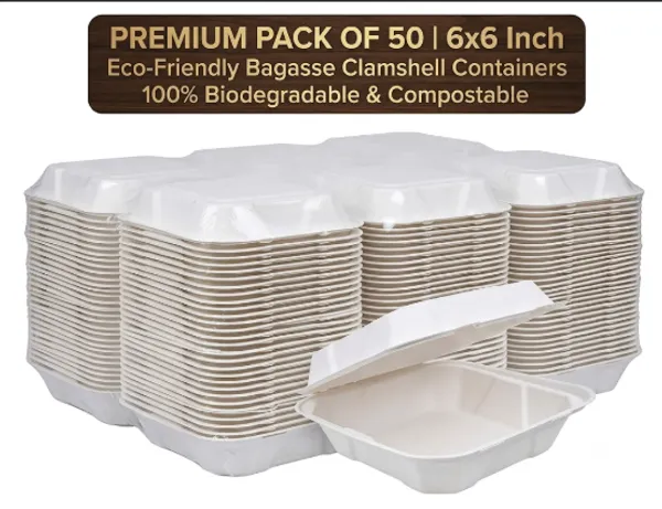 6x6_inch_Bagasse_Hinge_Clamshell_Box_(50pcs)
