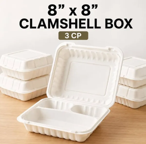 8"x8"_3_Compartment_Bagasse_Hinge_Clamshell_Box_(_100pcs)