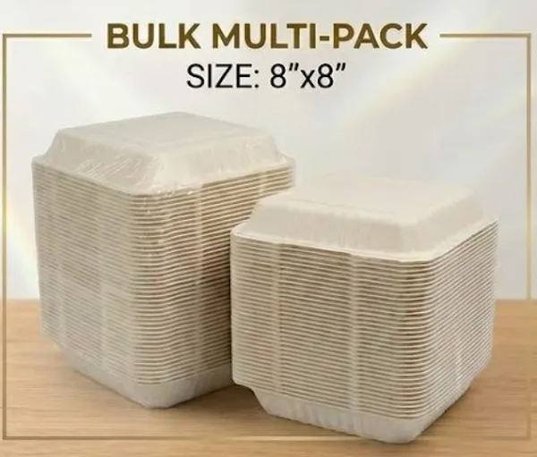 8"x8"_3_Compartment_Bagasse_Hinge_Clamshell_Box_(_100pcs)