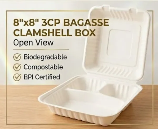 8"x8"_3_Compartment_Bagasse_Hinge_Clamshell_Box_(_100pcs)
