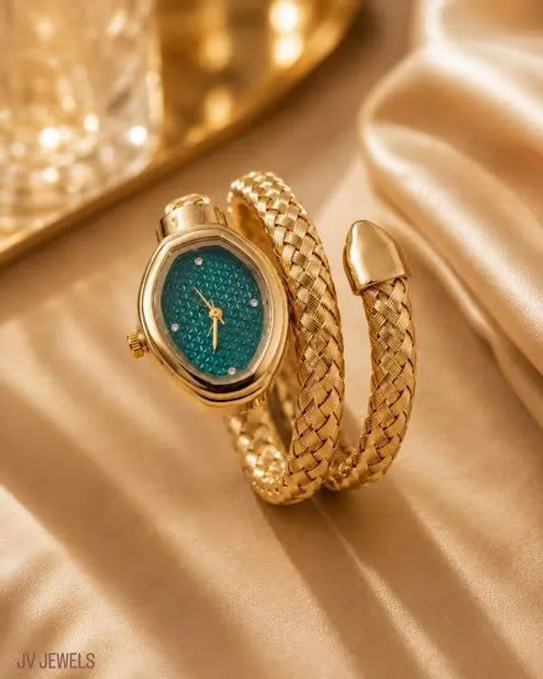Golden_Stainless_Steel_Bangle_Style_Green_Dial_Analog_Watch_For_Women