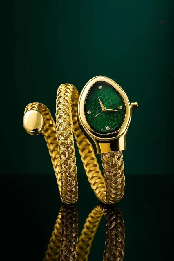 Golden_Stainless_Steel_Bangle_Style_Green_Dial_Analog_Watch_For_Women
