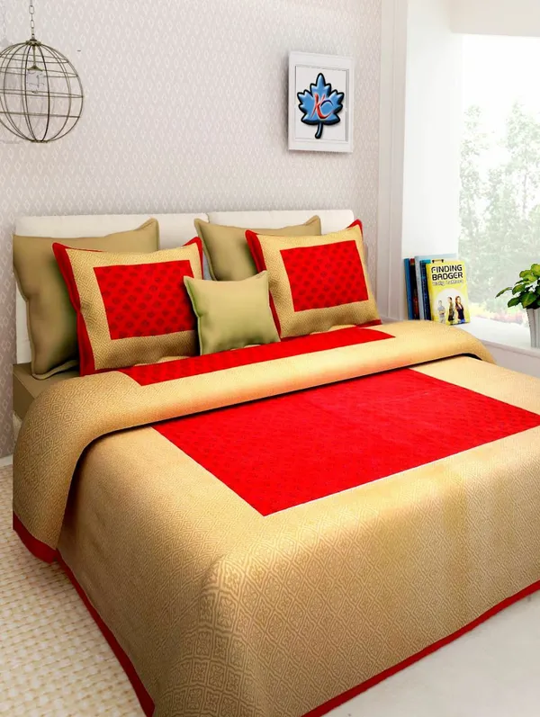 Char_Kaam_Red_And_Beige_Geometric_Pattern_King_Size_Bedsheet_With_Pillow_Covers
