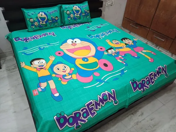 Doraemon_Green__Cartoon_Print_Double_Bedsheet_With_Pillow_Covers