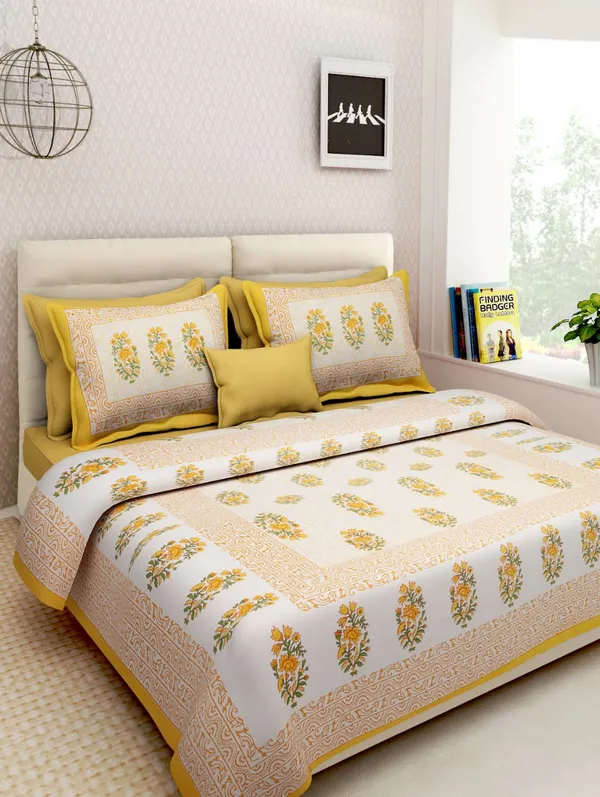 Gamla_Buta_Yellow_Cotton_Floral_Print_Double_Bedsheet_Set_With_Pillow_Covers