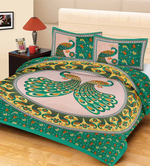 Tedha_Mor_Double_Green__Cotton_Double_Bedsheet_With_Pillow_Covers