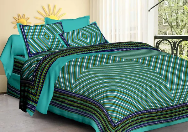 Lahariya_Green_Turquoise_Cotton_Geometric_Print_King_Size_Bedsheet_With_Pillow_Covers