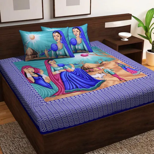 Surya_Blue_Multicolor_Cotton_Rajasthani_Print_Double_Bedsheet_With_Pillow_Covers